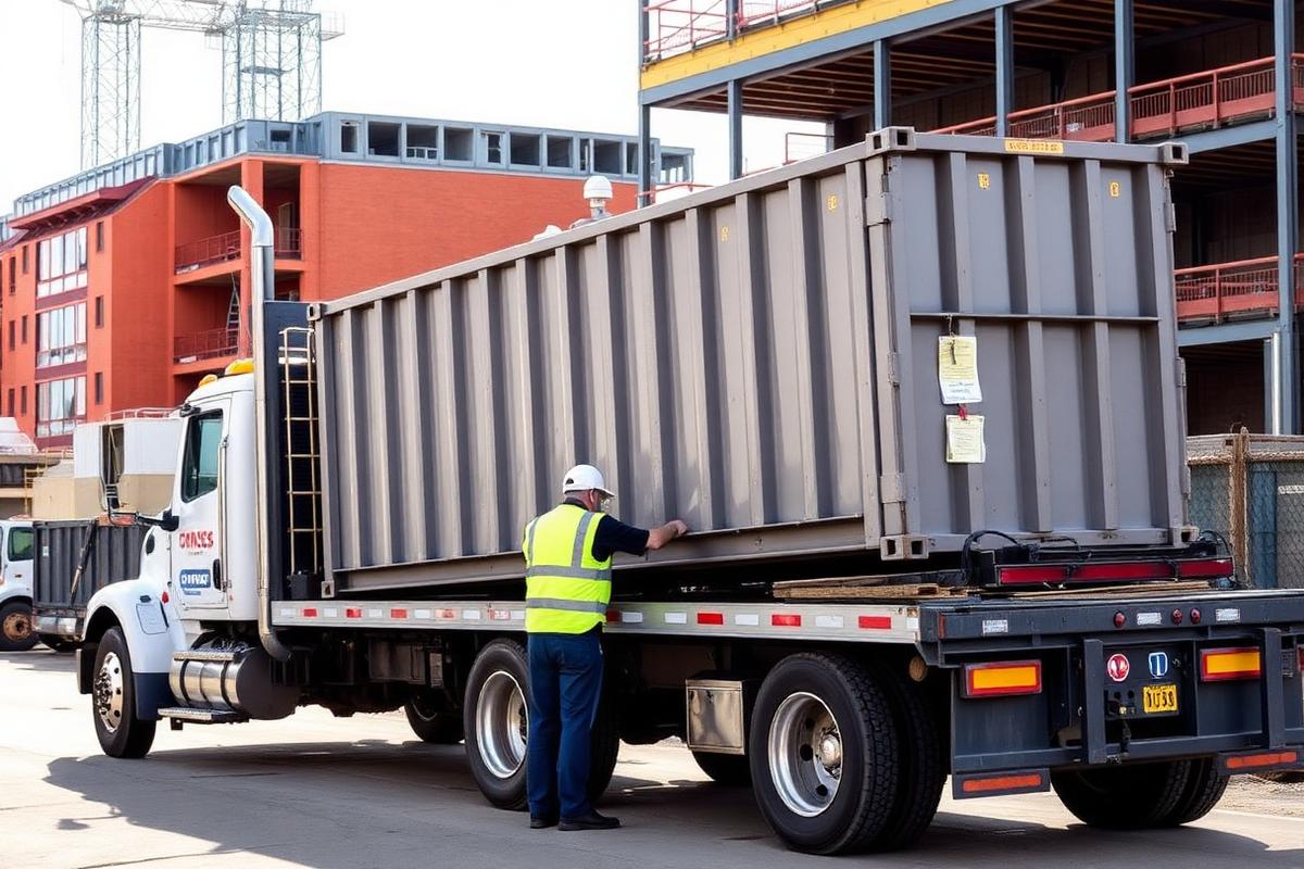 Roll-off container being loaded onto a delivery truck at a Northern Kentucky job site